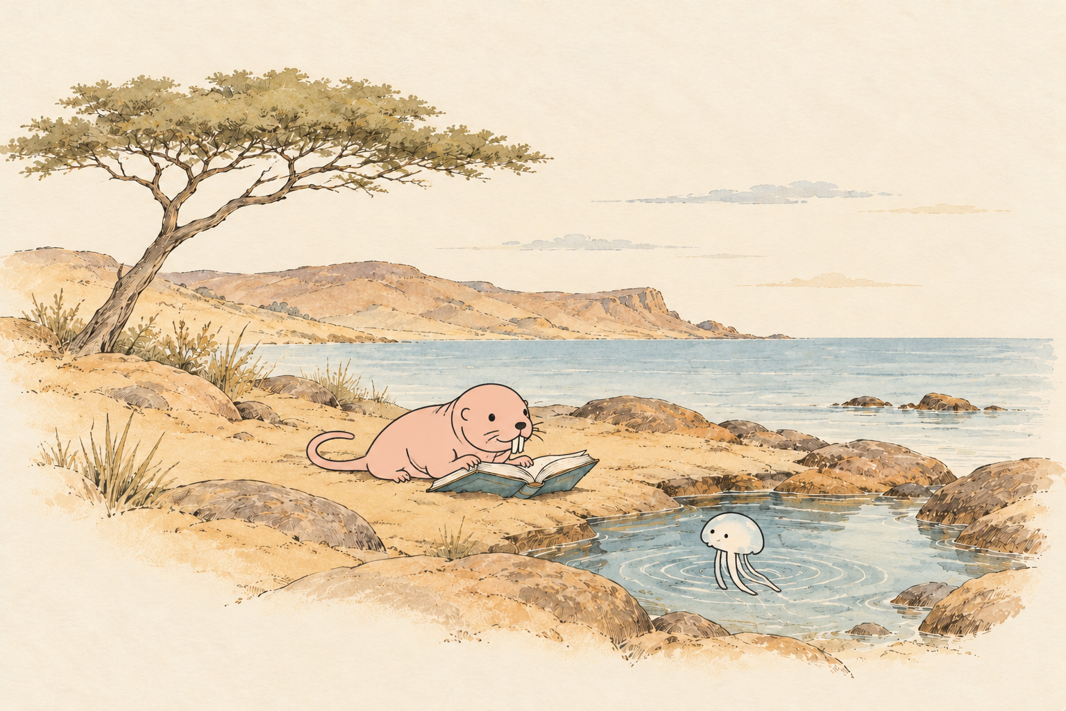 Schematic ink-drawn characters of a naked mole-rat (sand puppy) reading beside a jellyfish, in a Horn of Africa coastal landscape with an acacia, sand, and a pale sea.